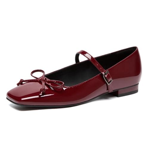Athlefit Women's Mary Jane Flats Dressy Comfortable Square Toe Slip On Ballet Flats Shoes with Buckle Strap Wine Red Size 11 - Image 1