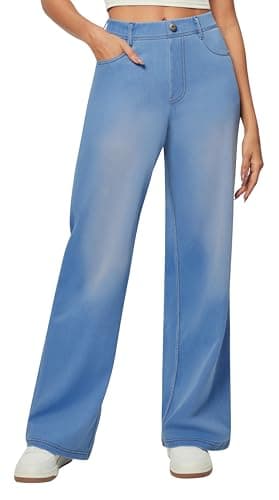 IUGA Wide Leg Jeans Woman Stretchy Sweatpant Jeans Women Pull On Baggy Jean High Waisted Trendy Straight Casual Denim Pants Sky Blue - Image 1