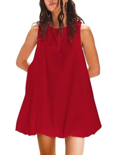 COCOMARTS Dresses for Women Summer Casual Linen Mini Dress Sleeveless Crew Neck Bubble Keyhole Tie Back Vacation Sundress with Pockets Red - Image 1
