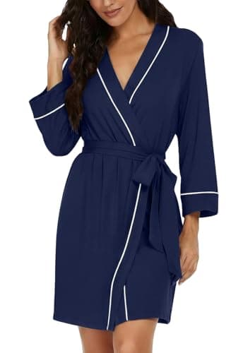 PrinStory Womens Robe Knee Length Knit Bathrobe Lightweight Soft Ladies Robes Navy Blue-2XL - Image 1