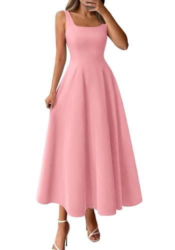 BTFBM Women Elegant Wedding Guest Dress Summer Square Neck Sleeveless Flowy A Line Formal Cocktail Party Maxi Dresses(Pink, Medium) - Image 1