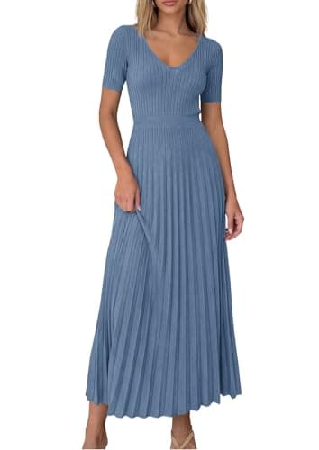 PRETTYGARDEN Women's 2026 Spring Midi Sweater Dresses Elegant Pleated Ribbed Knit Short Sleeve V Neck A Line Summer Outfits (Dusty Blue,XX-Large) - Image 1