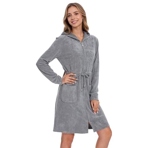 Navisting Women Terry Cloth Zipper Robe Zip Up Bathrobes with Pockets Hooded Cotton Housecoat Nightgown Loungewear Sleepwear Charcoal Gray M - Image 1