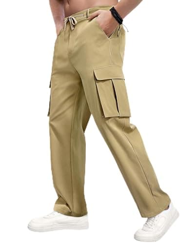 DOWMQ Mens Cargo Pants Straight Leg Sweatpants with Drawstring Waist Casual Workout Hiking Jogger Pants with Pockets Khaki, 3XL - Image 1