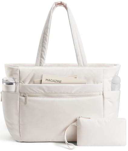 TOPEAST Tote Bag for Women, Lightweight Puffer Travel Weekender Tote Bag 15.6" Laptop Work Bags Puffy Gym Nurse Shoulder Bag with Zipper & Compartments for Teacher College, Beige - Image 1