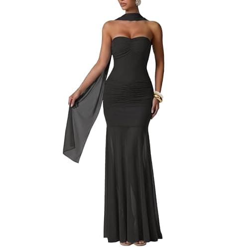 Curvphilo Women's Strapless Ruched Bodycon Mermaid Maxi Dress with Neck Scarf Formal Evening Prom Wedding Guest Gown Black - Image 1