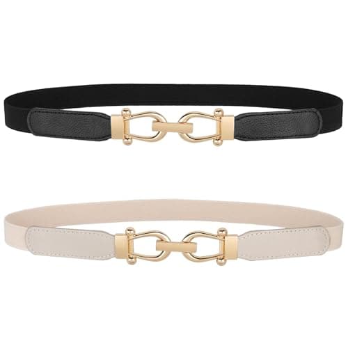 JASGOOD Women Skinny Elastic Belt for Dresses,Thin Retro Stretch Waist Belt with Golden Buckle 2 Pack,Black+Beige - Image 1
