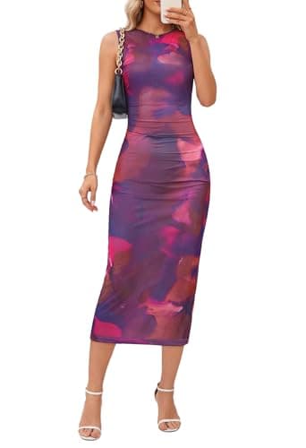 MEROKEETY Women's Summer Bodycon Tie Dye Dress Sleeveless Crew Neck Mesh Cocktail Party Maxi Dresses, Plum, XL - Image 1