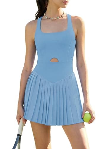 Sexyasasii Womens Athletic Dress Square Neck Sleeveless Pleated Workout Exercise Sports Golf Dresses with Pockets Light Blue - Image 1