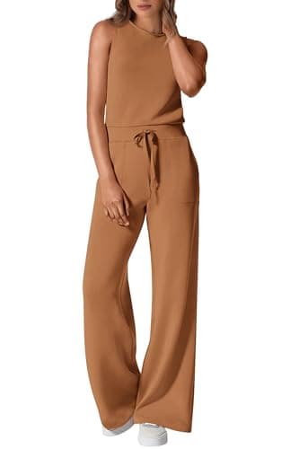 PRETTYGARDEN Womens Jumpsuits Summer Casual One Piece Outfits Sleeveless Wide Leg Long Pants Rompers (Camel,Large) - Image 1