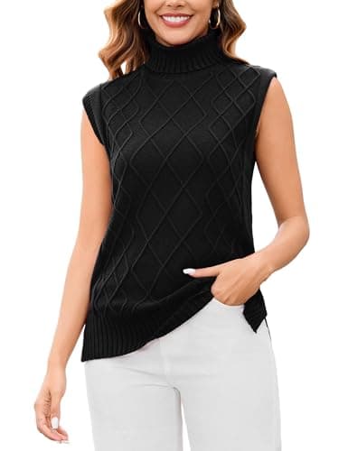 Totatuit Women Vintage Sleeveless Knit Sweater Vest Loose Fit Turtle Neck Cap Sleeve Casual Tank Top(Black, Small) - Image 1