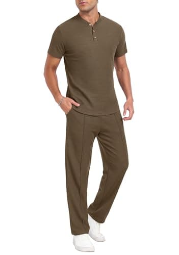 PrinStory Men's Short Sleeve Outfits Waffle Knit Henley Shirt and Pants Set Casual 2 Pieces Summer Tracksuits with Pockets Brown-2XL - Image 1