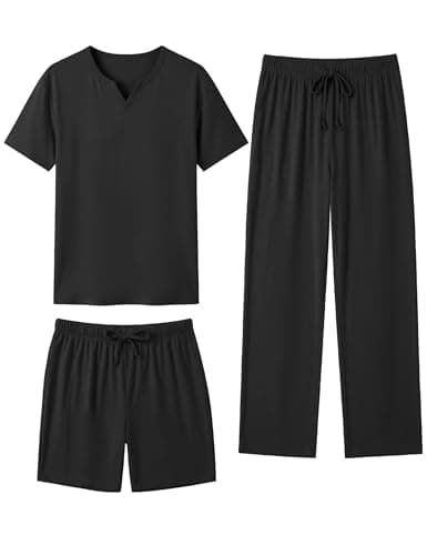 Sykooria Men's Short Sleeve Pajama Set Classic V Neck Pjs Shorts Set with Long Pajama Pants Sleepwear with Pockets S Black - Image 1