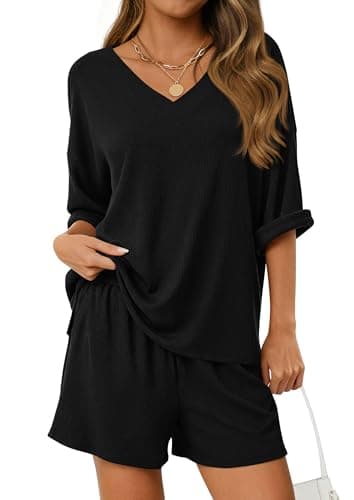 PRETTYGARDEN Womens 2 Piece Sets 2026 Oversized Vneck Half Sleeve Tops Shorts Lounge Set Casual Summer Travel Beach Outfits (Black,Medium) - Image 1
