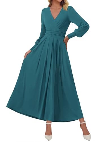 BTFBM Womens Long Sleeve Maxi Dress Fall 2025 Casual V Neck Knit A Line Flowy Pockets Elegant Party Wedding Guest Dresses(Teal, Large) - Image 1