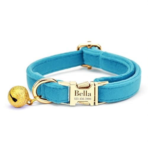Custom Cat Collar with Bells Personalized Small Cat Collar Engraved Name & Phone Number with Secure Metal Quick-Release Buckle Adjustable (Lake Blue) - Image 1