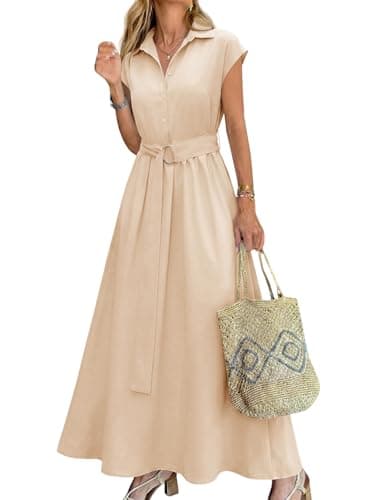 Wenrine Womens Summer Shirt Dress Button Collared Casual Short Sleeve Tie Waist A Line Flowy Long Maxi Dresses Khaki - Image 1