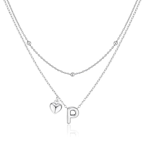 adoyi Valentines Day Gifts Silver Heart Initial Necklaces for Women 14k Gold Plated Layered bubble Letter Necklace Dainty Heart P Pendant Necklace Stack Birthday Valentines Day Gifts for Women Jewelry - Image 1