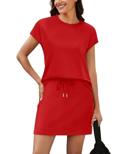 Sampeel Two Piece Skirt Sets with Pockets for Women 2026 Cap Sleeve Tops Tennis Skirt Cruise Essentials Resort Athletic Active Wear Beach Vacation Summer Travel Golf Red XXL - Image 1