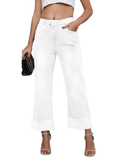 Genleck Wide Leg Cropped Jeans for Women Trendy High Waisted Crossover Boyfriend Jeans Mom Baggy Stretchy Denim (White, XL) - Image 1