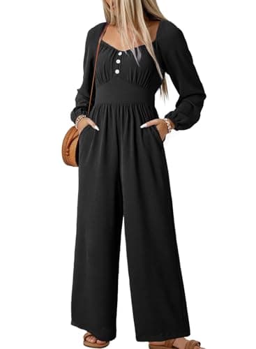 Dokotoo Jumpsuits for Women Spring Outfits For Women 2026 Long Sleeves Square Neck Rompers Button Front Wide Leg Casual Overalls with Pockets for Weddings Plus Size,Black Small - Image 1