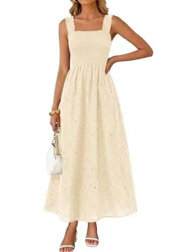 KIRUNDO Summer Lace Dress Vacation Outfits for Women 2026 Wedding Guest Dresses Maxi Beach Boho Sleeveless Cotton Sundress (Beige, X-Large) - Image 1