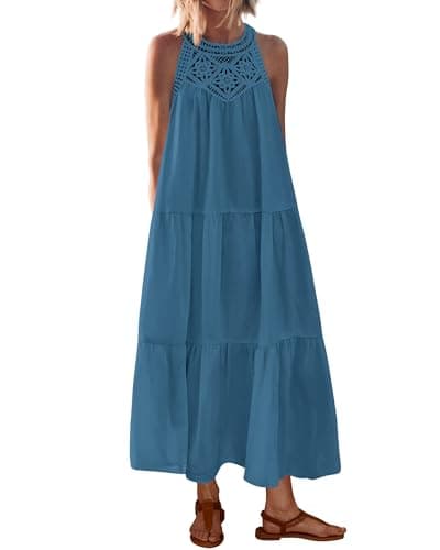 BTFBM Halter Summer Dresses for Women 2026 Casual Spring Hollow Out Sleeveless Boho Sundresses Beach Vacation Maxi Dress(Lake Blue, Medium) - Image 1
