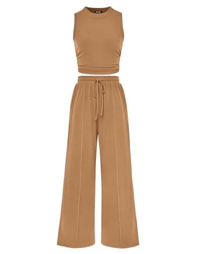 BTFBM Summer Outfits For Women 2026 Cropped Sleeveless Tank Tops Wide Leg Pants 2 Piece Sets Beach Lounge Set Clothing(Camel, Large) - Image 1