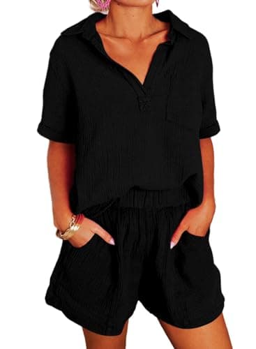 Dokotoo Two Piece Outfits Set for Women Summer Trendy Daily Tracksuit Ladies Solid V Neck Short Sleeve Shirts Matching Lounge Sets Comfy Casual Elastic High Waist Shorts with Pockets Black Small - Image 1