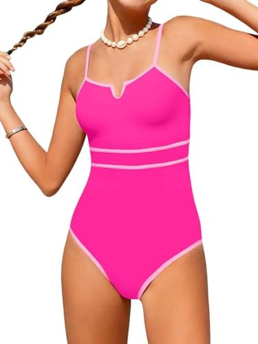AMAWMW Girls Swimsuit Adjustable Straps V-Neck Bathing Suit Period Holiday Swimwear for Girls 7-16y, Hot Pink, 15-16Y - Image 1
