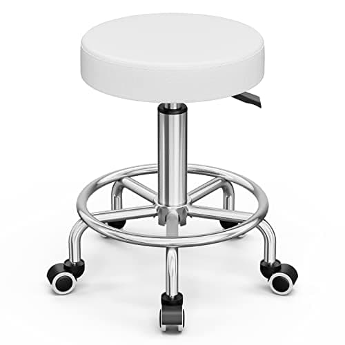 Icoget 360 Swivel Round Rolling Stool Chair, Height Adjustable Salon Shop Stool, Drafting Work SPA Medical Stools Office Chair with Wheels, White - Image 1