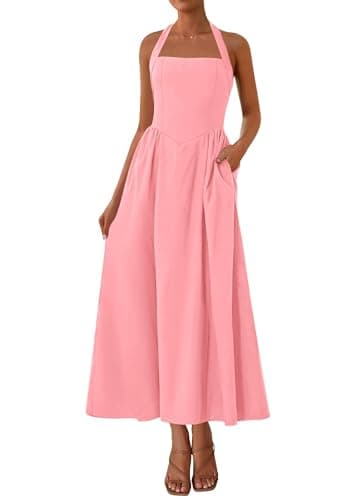 KIRUNDO Summer Dresses for Women 2026 Halter Maxi Wedding Guest Party Cocktail Semi Formal Elegant Classy Long Sundress(Pink, Large) - Image 1