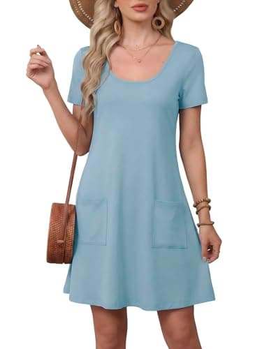 Moodclo Women Casual Summer Dresses Rackley Blue X-Large Short Sleeve Loose Tshirt Beach Sundress U Neck Swing Dress with Pockets 2026 Trendy - Image 1