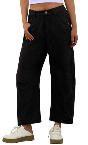 IWOLLENCE Women's Corduroy Barrel Pants Mid-Rise Elastic Waist Casual Cord Wide Legs Baggy Pant with Pockets Trendy Fall Black, L