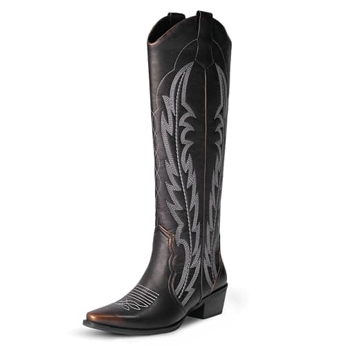 LeunDen Black Cowboy Boots for Women with Embroidery, Knee High Cowgirl Boots with Pointed Toe, Chunky Heel Western Boots Tall Long Boots Size 9 - Image 1