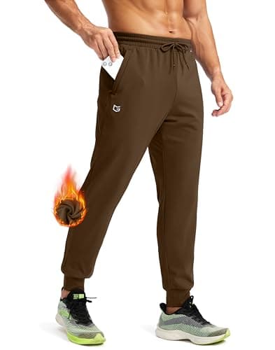 G Gradual Men's Fleece Joggers with Zipper Pockets Winter Warm Pants Water Resistant Athletic Workout Gym Sweatpants for Men(Brown,L) - Image 1