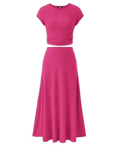 BTFBM Summer Outfits For Women 2026 Two Piece Sets Casual Crew Neck Short Sleeve Cropped Spring Tops Midi Skirt Lounge Set(Rose Red, Large) - Image 1