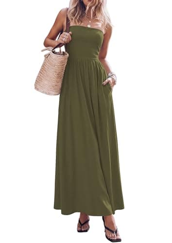 PRETTYGARDEN Women's 2026 Spring Strapless Maxi Dresses Patchwork Long Flowy Pockets Elegant Going Out Summer Tube Top Dress (Army Green,XX-Large) - Image 1
