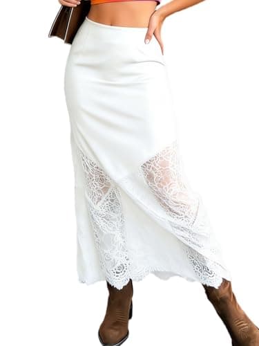 Women's 2026 Lace Patchwork Bodycon Skirt - High Waist Elegant Solid Maxi Long Skirt (US, Alpha, X-Large, Regular, Regular, White) - Image 1