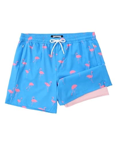CoozySphere Mens Swim Trunks with Compression Liner 5 Inch Stretch 5" Bathing Suit Beach Shorts M Blue Flamingos - Image 1