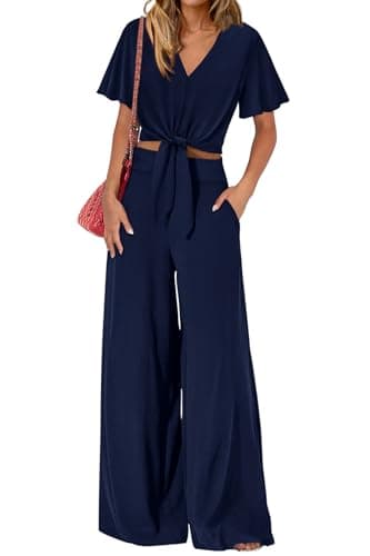 PRETTYGARDEN Women 2 Piece Summer Outfits Short Sleeve Strappy Top Wide Leg Pants Tracksuit Lounge Sets Beach Clothes(Navy Blue,Medium) - Image 1