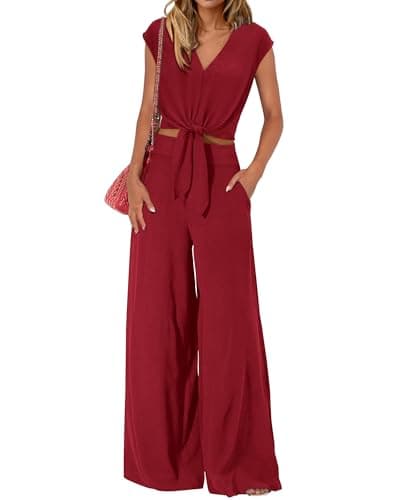 PRETTYGARDEN Women's Summer 2 Piece Outfits 2026 Cap Sleeve V Neck Belted Crop Tops Wide Leg Pant Sets Casual Tracksuit(Solid Wine Red,X-Large) - Image 1