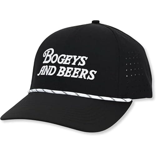 Bogeys and Beers Performance Golf Hat - Funny Golf Hat, Polyester/Spandex Blend, Adjustable Rope Snapback Cap - Breathable, Fitted for Men & Women - Black - Image 1