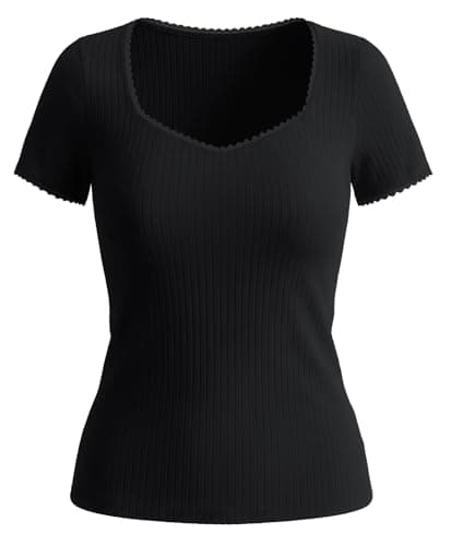 Belle Poque Women's Short Sleeve Square Neck Tops Slim Fit Ribbed Knit Basic Tee Tops Spring Summer Casual 2026 Black XL - Image 1