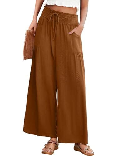 JUYUEO Wide Leg Linen Pants for Women High Waist Casual Flowy Boho Beach Palazzo Trousers with Pockets Caramel XL - Image 1