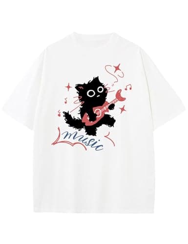 Women's Vintage T-Shirt Y2K Cat Graphic Harajuku Tee Tops Grunge Streetwear Clothes Baggy Cute Emo Cotton Shirts(White-M) - Image 1