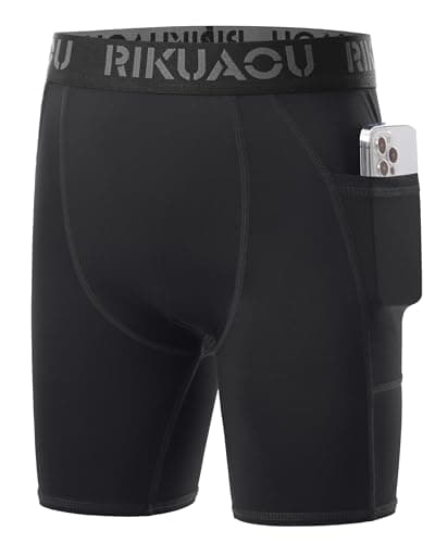 RIKUAOU Youth Boys Compression Shorts with Side Pockets, Kids Athletic Base Layers Running Underwear for Baseball Football Black - Image 1