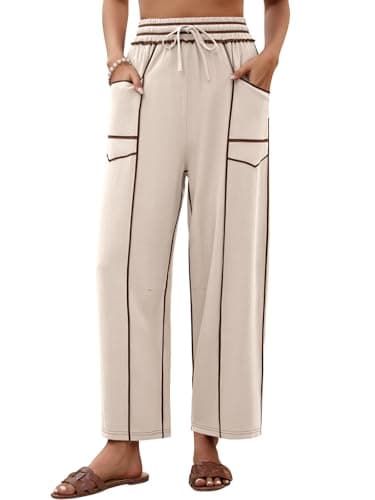 grewley Womens Linen Barrel Pants Baggy Wide Leg Pants Summer Palazzo Drawstring Waist Pants with Pockets Casual Apricot L - Image 1