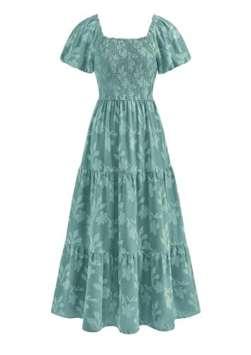 PRETTYGARDEN Women's 2026 Summer Boho Maxi Dresses Floral Short Sleeve Square Neck Smocked Flowy Long Dress Vacation Outfits (Sage Green,Small) - Image 1