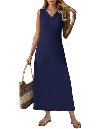 MISFAY Women Summer Maxi Dress 2026 Sundress Wrinkle-Free Casual Beach Long Dress Sleeveless V Neck Vacation Maxi Dresses with Pockets - Image 1